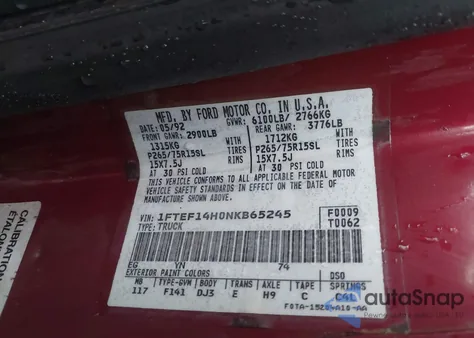 1992 Ford F150 из США, поврежденный, VIN 1FTEF14H0NKB65245